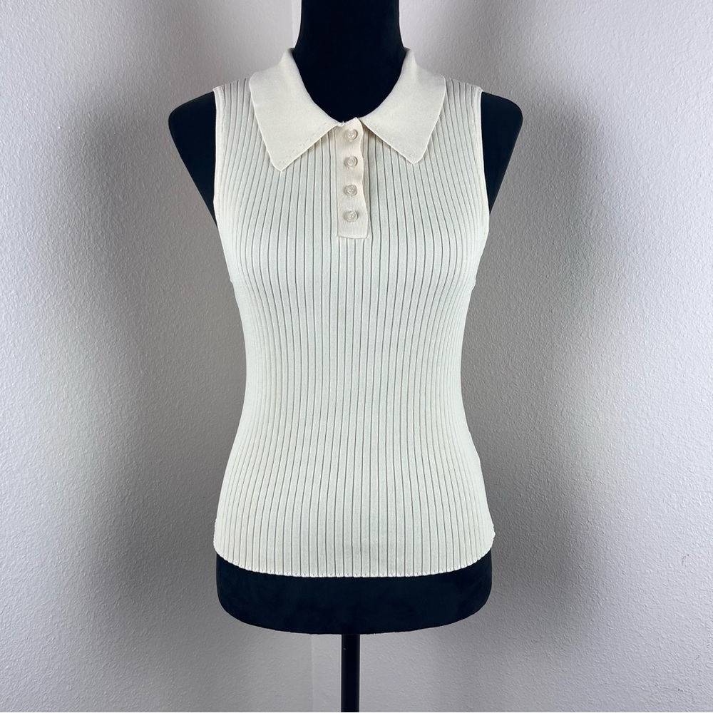 Nyland Shirt Womens Medium Sleeveless Ribbed Fitted Top Stretch Neutral Cream
